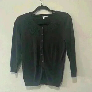 Halogen button down sweater with floral beaded design black size small